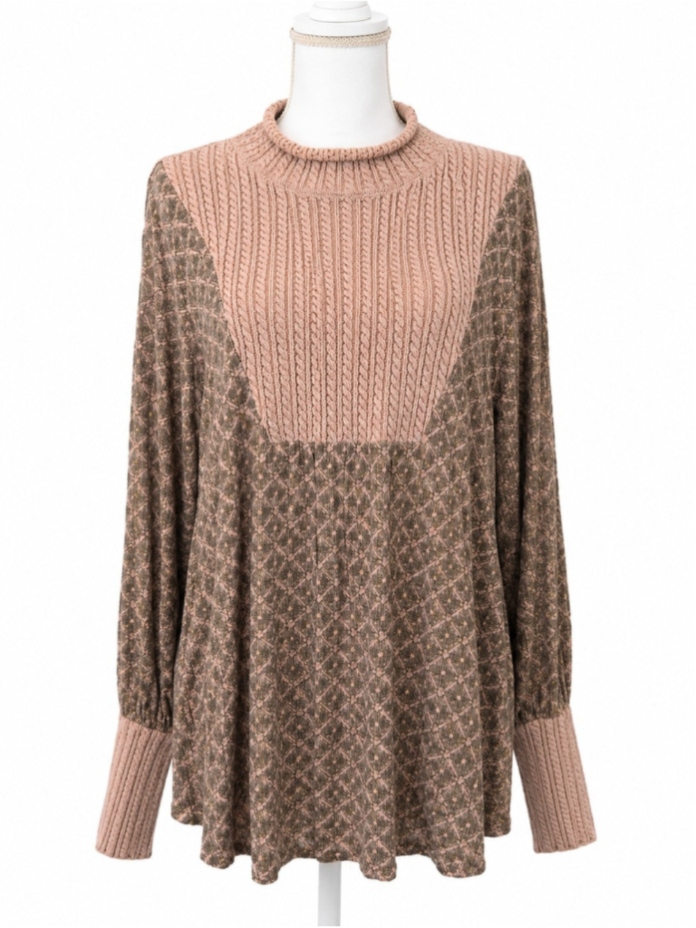 Gimmicks By BKE Sz XL Tan Mixed Media Cable Knit Roll Neck Boho Flowy Lagan Look
